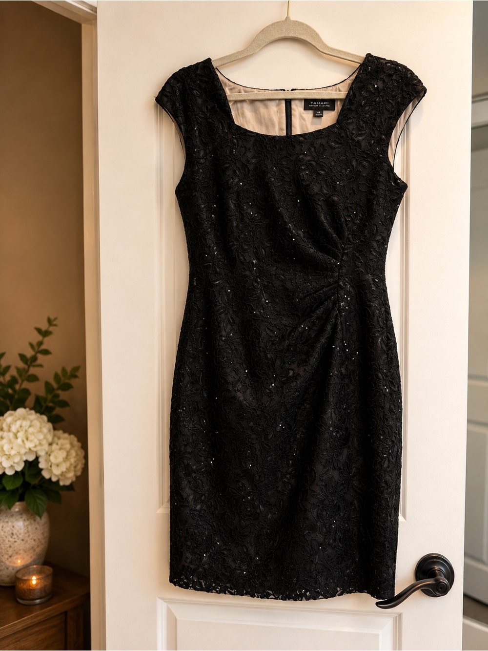Tahari ASL Black Beaded Lace Midi Dress